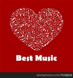 Best Music poster. Musical notes elements in heart shape. Creative graphic illustration for banner, flyer, emblem, icon, radio, festival, concert, opera, advertising web design. Best Music poster with heart shape musical notes