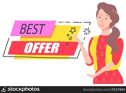 Best offer and price with discount on sale capture on pink and red fields. Good deal for people. Happy brunette girl offering vector illustration. Best Offer Discount Capture, Happy Girl Offering