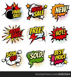 Best offer and sale promotional vector collection of pop art cartoon speech bubbles. Sale and promotion cartoon speech cloud illustration. Best offer and sale promotional vector collection of pop art cartoon speech bubbles