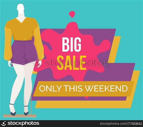 Best offer banner on the window of a clothing store with mannequins. Discount time. Big sale special offer with inscription. Super sale best price and super quality advertising poster illustration. Best offer banner on the window of a clothing store with mannequins. Discount time. Big special sale