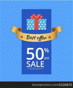 Best Offer Banner with Isolated Icon of Gift Box. Best offer and sale banner with text and light blue background. Isolated vector illustration of gift box with polka dot wrapping paper and red bow