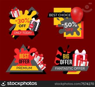 Best offer discounts and sale of shops banners set vector. Premium products and goods on sale, promotion and marketing of stores. Presents and balloon. Best Offer Discounts and Sale of Shops Banners Set