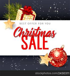 Best Offer for You Christmas Sale lettering. Christmas invitation with bauble and gift box. Handwritten and typed text, calligraphy. For invitations, posters, leaflets and brochures.