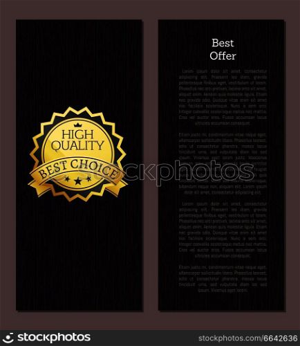 Best offer high quality approved choice gold label with text vector isolated on dark wooden background. Certificate seal or st&, flat design. Best Offer High Quality Approved Choice Gold Label
