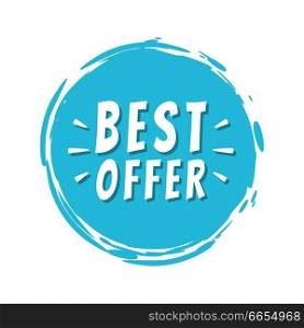 Best offer inscription on blue painted spot with brush strokes vector illustration isolated on white background, promo proposal label design. Best Offer Text Blue Painted Spot Brush Stroke