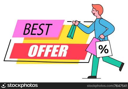 Best offer promotional banner vector, isolated label made of stripes and text. Male character carrying bags with percent symbol. Consumerism and special proposals from shops and stores flat style. Best Offer Banner for Shops Promotional Proposal
