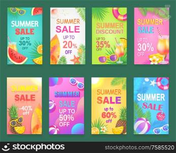 Best offer reduction posters set vector. Discount and promotion, diminution from shop, pineapple fruit with sunglasses, ball and inflatable lifebuoy. Best Offer Reduction Posters Vector Illustration