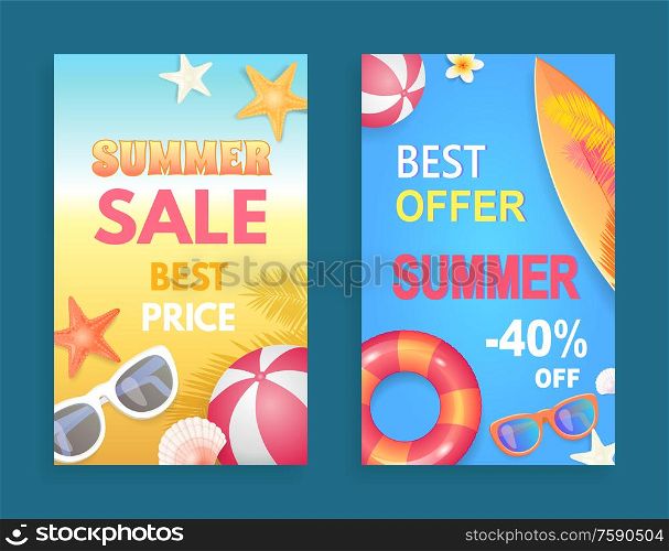 Best offer summer sale set of posters vector. Price reduction decrease of cost. Sunglasses and surfing board with flowers and rubber inflatable ball. Best Offer Summer Sale Set Vector Illustration