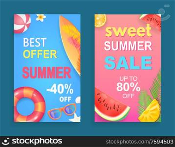 Best offer summer set of posters vector. Surfing board and rubber lifebuoy, watermelon and orange slice. Discounts and proposition, promotion sell. Best Offer Summer Set Poster Vector Illustration