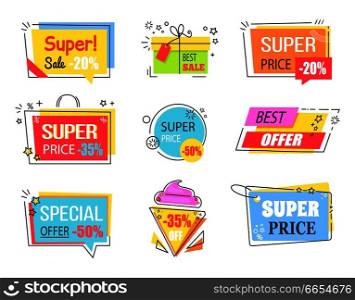 Best offer with huge discount promotional emblems. Logotypes in form of tasty ice cream, gift box, shopping bag and visit card vector illustrations.. Best Offer with Huge Discount Promotional Emblems