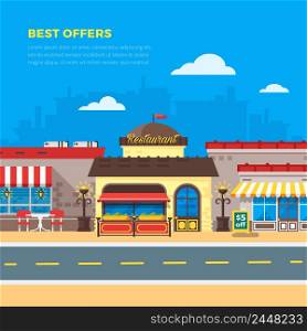 Best offers bright cafe and restaurant side by side on city background flat vector illustration. Best Offers Cafe And Restaurant Flat Illustration