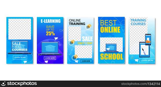 Best Online School, Sale for All Courses Set of Templates Vector Illustration. Education via Online Video on Computer or Laptop. Modern Technologies, Gadgets, Devices. Training for Students.