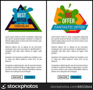 Best premium fantastic offer, website allows to order and buy something via internet, text and sticker, title on vector web banner with buttons. Best Premium Fantastic Offer, Website Allows Order