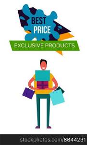 Best price and exclusive products, image representing male carrying bags and presents for his family on vector illustration isolated on white. Best Price and Products on Vector Illustration