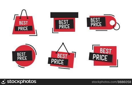 Best price badge set in black and red. Sale labels special offer best price isolated on white background. Quality sales elements vector illustration