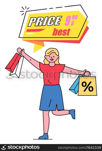 Best price banner vector, isolated shopper with bags. Happy female client with bags in hands, lady buying items with discounts using coupons. Shopping with special offers from shops and stores. Best Price Promotional Banner, Coupon for Client