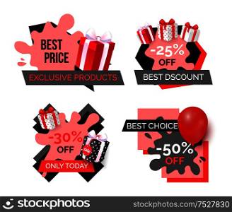 Best price, discount and premium products banners set vector. Exclusive sale to customers given by shops and stores. Balloon with presents in boxes. Best Price, Discount and Premium Products Set