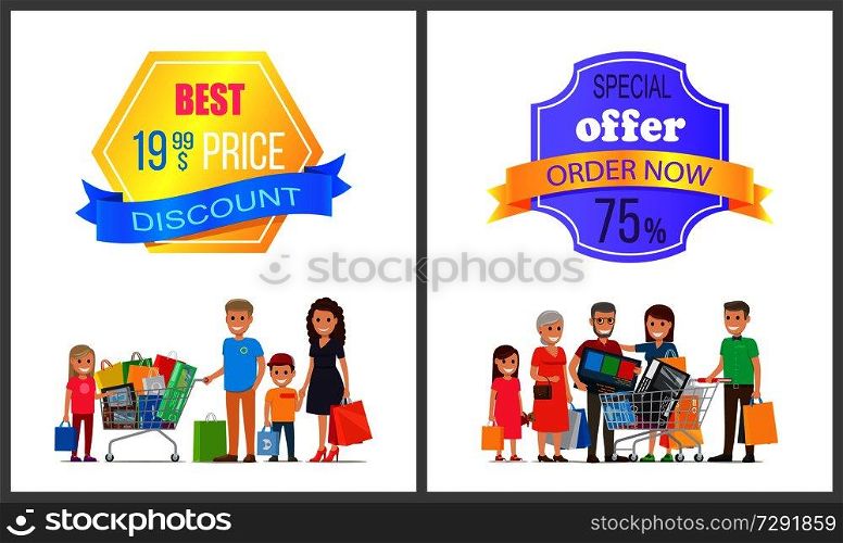 Best price discount special offer order now 75 % off promo label on poster with people making purchases, big family on shopping vector illustration. Best Price Discount Special Offer Order Now 75 Off