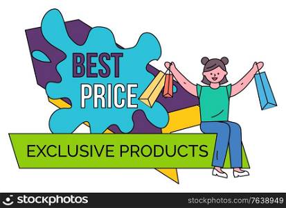 Best price discounts vector, banner with stripe and blot shape. Shopper with purchases happy to get sale. Exclusive products in packets, female character in flat style. Business proposals from stores. Best Price Exclusive Products Banner for Sale