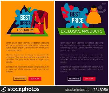 Best price for exclusive products jacket and dress at dummy. Super discount on apparel, promotion gown with mannequin. Sale vector web page online poster. Best Price for Exclusive Products Jacket and Dress