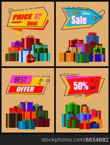 Best price, sale and offer, collection of promotional posters with headlines above and images of gifts below them on vector illustration. Best Price Sale and Offer Vector Illustration