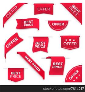 Best price, special offer vector banners or labels. Red ribbon, bookmark for web page and corners, arrow and round price tags. Sale promotion, business offer banners 3d realistic design elements. Best price tag banners or labels vector set