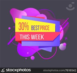 Best price this week 30 percent off vector, proposition and discount of shop for clients, banner with clots and stripes with commercial offer for customers. Best Price This Week 30 Percent Off Banner Vector