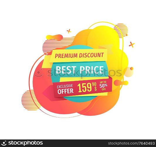 Best price vector, isolated banner with stripes and custom text, cost with reduced number, shopping discounts and attraction of clients market flat style. Best Price and Premium Discounts on Goods Vector