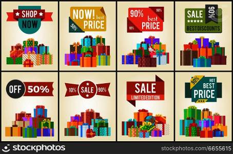 Best prices set of promo posters with advert stickers informing about discounts and piles of present boxes full of surprises vector isolated on white. Best Prices Set of Promo Posters Advert Stickers