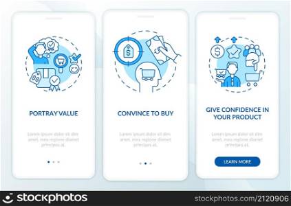 Best pricing strategy components blue onboarding mobile app screen. Walkthrough 3 steps graphic instructions pages with linear concepts. UI, UX, GUI template. Myriad Pro-Bold, Regular fonts used. Best pricing strategy components blue onboarding mobile app screen