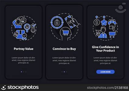 Best pricing strategy components night mode onboarding mobile app screen. Walkthrough 3 steps graphic instructions pages with linear concepts. UI, UX, GUI template. Myriad Pro-Bold, Regular fonts used. Best pricing strategy components night mode onboarding mobile app screen