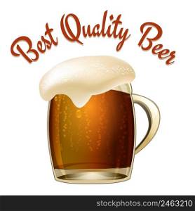 Best Quality Beer poster illustration with a glass tankard of dark beer or lager with a wonderful frothy head overflowing the glass and arched text above  vector illustration isolated on white