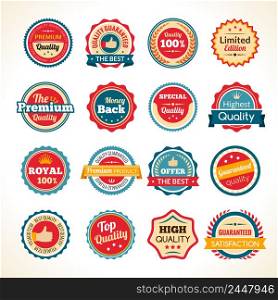 Best quality limited edition and guaranteed money back round black and white badges collection isolated vector illustration. Vintage Premium Quality Color Badges