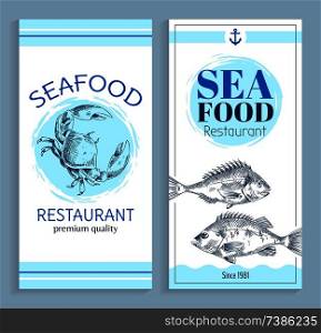 Best quality seafood restaurant hand drawn banner with anchor symbol. Bream and crab marine products sketch vector illustration on white backdrop.. Vector Hand Drawn Seafood Restaurant Banner Set