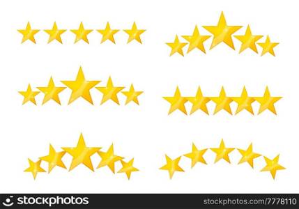 Best quality stars icons, review, rating, ranking vector yellow symbols. Achievement for game, customer opinion, client feedback. Cartoon stars for mobile app, hotel or restaurant evaluation. Best quality stars icons, review, rating, ranking
