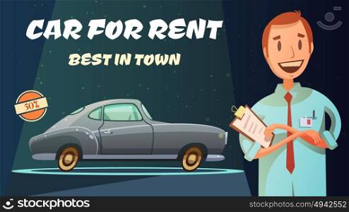 Best Rental Car Retro Cartoon Poster . Best rental car prices with excellent service vintage poster with smiling shop owner retro cartoon vector illustration