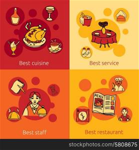 Best restaurant service concept 4 flat icons composition design with staff cuisine and water abstract vector illustration. Restaurant design concept 4 flat icons