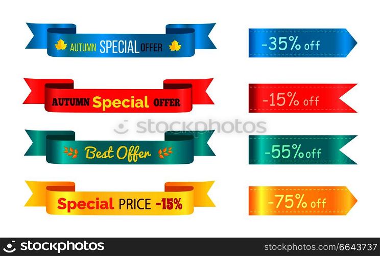 Best sale 2017 autumn discount buy now hot price promo posters with percent signs, advertisement ribbons labels with vector isolated on white. Best Sale 2017 Autumn Discount Buy Now Hot Price