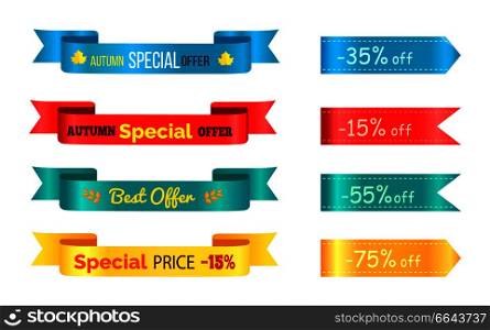 Best sale 2017 autumn discount buy now hot price promo posters with percent signs, advertisement ribbons labels with vector isolated on white. Best Sale 2017 Autumn Discount Buy Now Hot Price