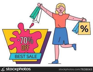Best sale 70 percent lowering of price vector, isolated woman with shopping bags happy of purchases. Female character shopper with packages from stores and shops. Discounts and proposals at market. Best Sale 70 Percent Off Shopping Banner Discount