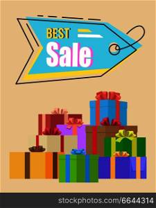 Best sale promotion tag on bright background. Vector illustration with blue sale tag with discount advertisement and boxes in festive wrapping paper. Best Sale Promotion Tag Vector Illustration