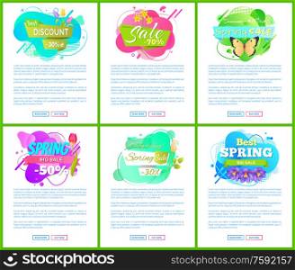 Best sale vector banners, from thirty to seventy percent discount, springtime offer labels, floral spring off stickers, vector price tags posters. Website or webpage template, landing page flat style. Best Big Spring Sale Vector Discount Advert