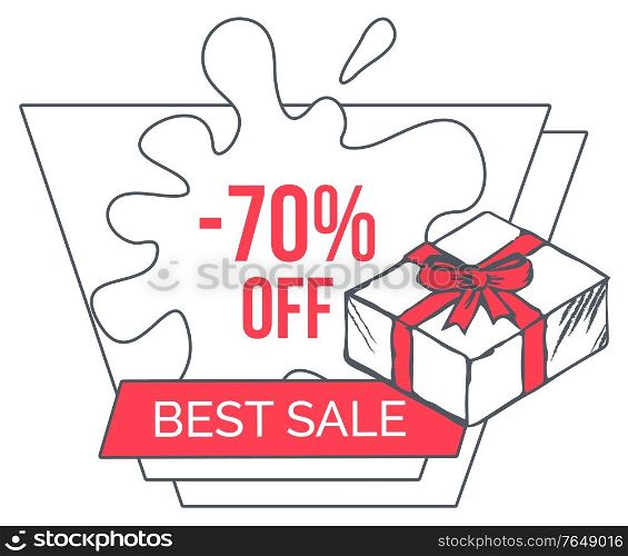 Best sale with big discounts. Up to 70 percent off price, good offer in shop. Promotion poster for people to buy gifts and presents. Box tied with red ribbon and bow. Vector illustration in flat style. Best Sale with Big Discounts, Promotion Poster