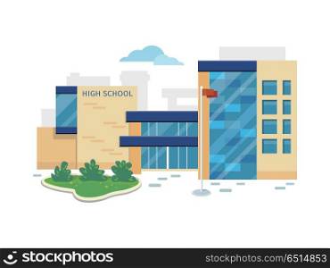 Best School Building Vector in Flat Style Design. Best school building vector illustration. Flat design. Public educational institution. Modern projects of educational establishments. School facade and yard. Front view. College organization