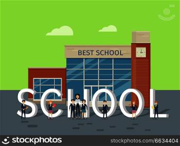 Best school concept. Modern school building with happy pupils and teacher on school yard flat vector illustrations. Children&rsquo;s education. Learning favorite school subjects. For private school web page