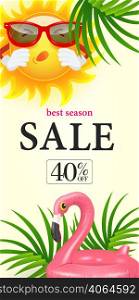 Best season sale Forty percent off lettering. Shopping inscription with tropical leaves, sneezing sun and pink flamingo pool float. Handwritten text, calligraphy. Can be used for greeting cards, banner, posters and leaflets