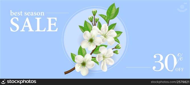 Best season sale thirty percent off banner template with blooming apple tree twig in round frame on light blue background. Typed text can be used for labels, flyers, signs, poster.