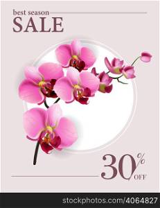 Best season sale, thirty percent off poster design with pink flowers and white circle. Typed text can be used for labels, flyers, signs, banners.