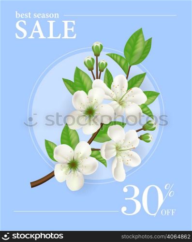 Best season sale, thirty percent off poster template with apple tree twig in round frame on light blue background. Typed text can be used for labels, flyers, signs, banners.