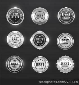 Best seller silver labels, awards and seal, medal badges. Best product, sale offer promotion realistic vector badges, stickers or round labels with chrome metal surface, laurel wreath and crowns. Best seller silver labels, awards and seal, medals